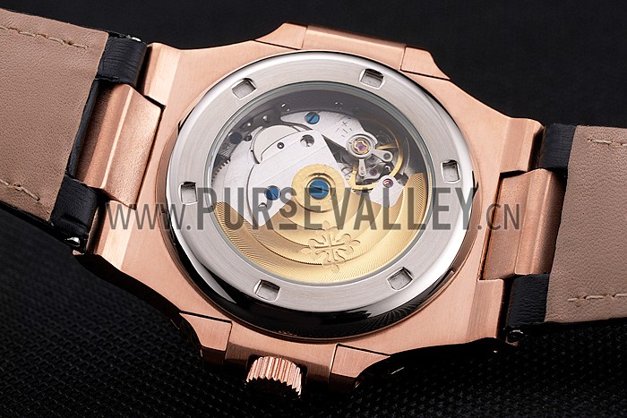 Patek Philippe Nautilus Black Dial Rose Gold Case Black Leather Strap