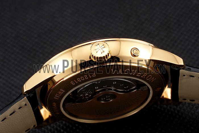 Swiss Vacheron Constantin Traditionnelle Power Reserve White Dial Gold Case Black Leather Strap