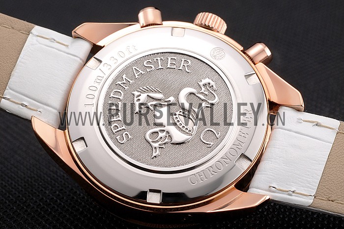 Omega Speedmaster White Dial Rose Gold Case Diamond Bezel White Leather Strap