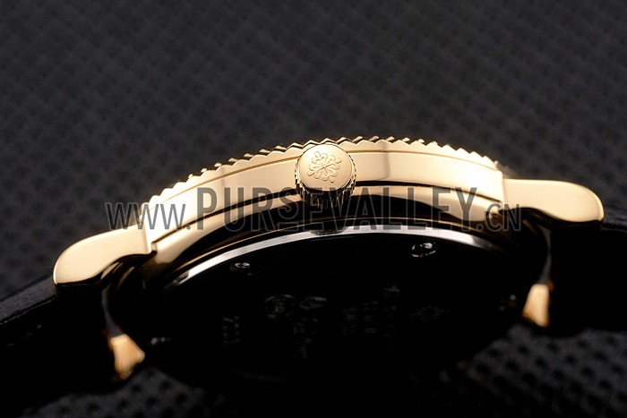 Patek Philippe Calatrava Gold Dial Roman Numerals Double Ribbed Bezel Gold Case Black Leather Strap