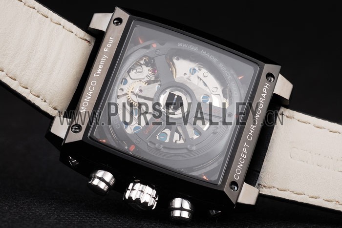 Tag Heuer Swiss Monaco Black Leather Strap Blue-Yellow Striped Black Dial