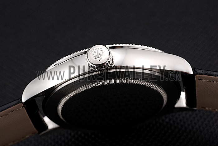Swiss Rolex Cellini Time Silver Case Black Dial Black Leather Bracelet 622654