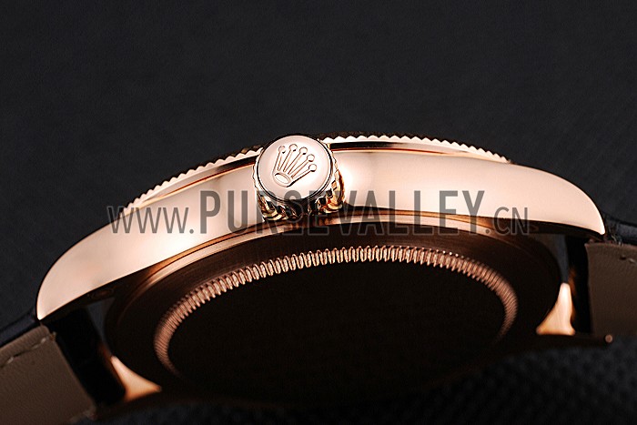 Swiss Rolex Cellini Time Rose Gold Case Black Dial Black Leather Bracelet 622656