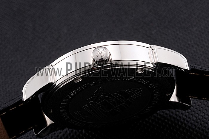 Vacheron Constantin Traditionnelle White Ship Dial Stainless Steel Case Black Leather Strap