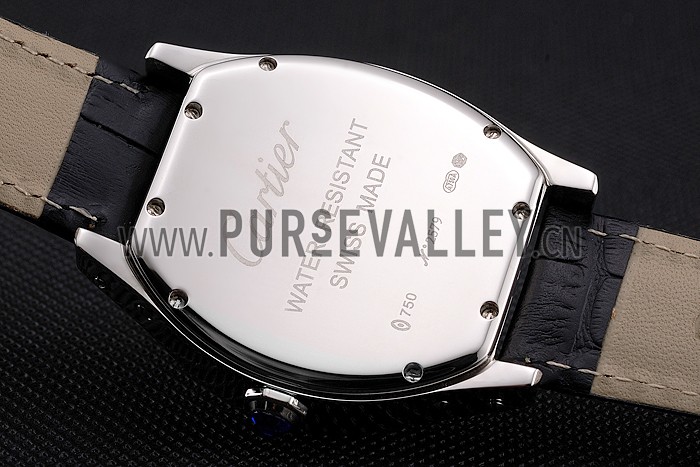 Cartier Tortue Large Date Black Dial Stainless Steel Case Black Leather Strap