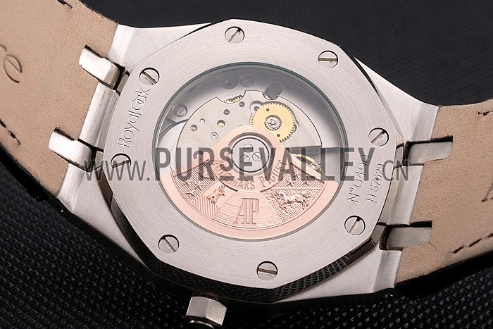 Swiss Audemars Piguet Royal Oak Black Dial Steel Case With Diamonds Black Leather Strap