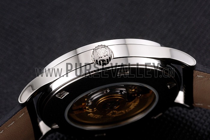Swiss Patek Philippe Calatrava Black Dial Diamond Bezel Stainless Steel Case Black Leather Strap