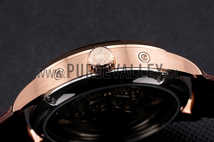IWC Portofino Tourbillon White Dial Blue Markings Rose Gold Case Brown Leather Strap