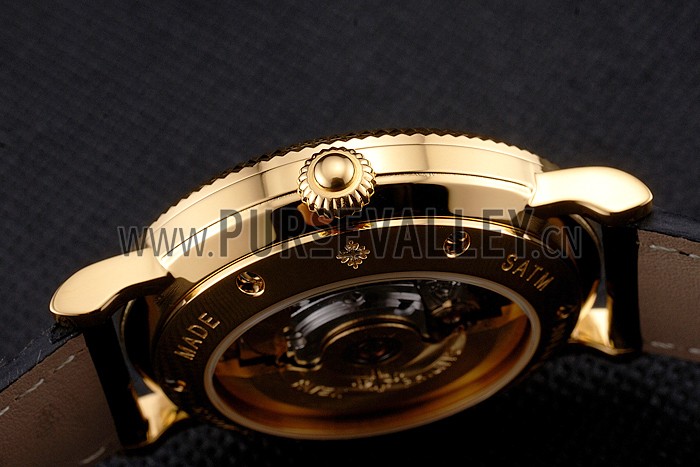 Swiss Patek Philippe Calatrava White Dial Gold Case Fluted Bezel Black Leather Strap