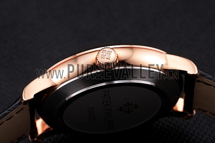 Patek Philippe Calatrava White Guilloche Dial Rose Gold Case Black Leather Strap