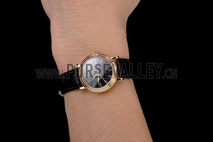 Patek Philippe Calatrava Black Dial Roman Numerals Double Ribbed Bezel Gold Case Black Leather Strap