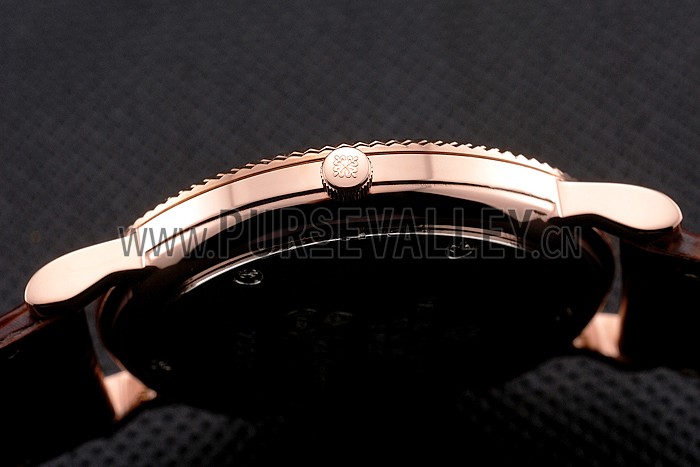 Patek Philippe Calatrava Rose Gold Dial Roman Numerals Ribbed Bezel Rose Gold Case Brown Leather Strap