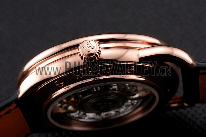 Swiss Hermes Arceau Skeleton Black Dial Brown Hands Rose Gold Case Black Leather Strap