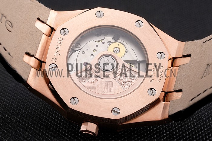 Swiss Audemars Piguet Royal Oak Black Dial Gold Case With Diamonds Black Leather Strap
