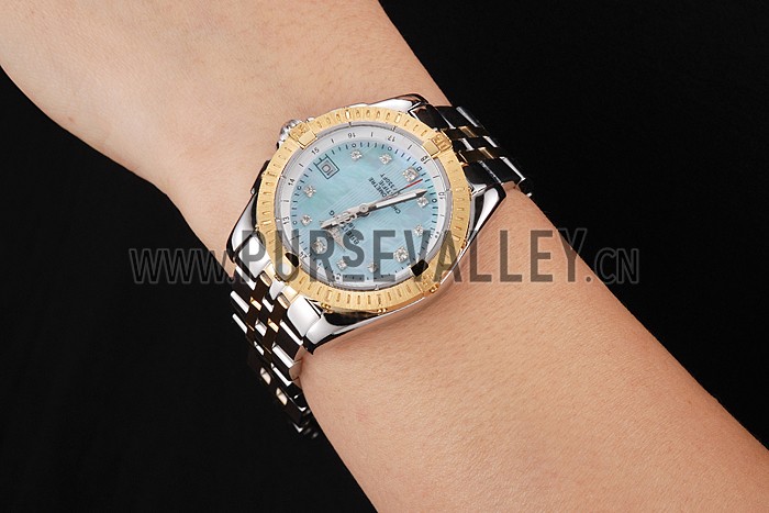 Breitling Colt Lady Light Blue Dial Diamond Hour Marks Gold Bezel Stainless Steel Case Two Tone Bracelet