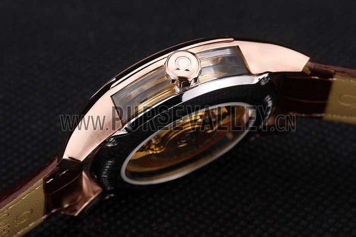 Omega Swiss DeVille Rose Gold Bezel Brown Leather Strap 7614