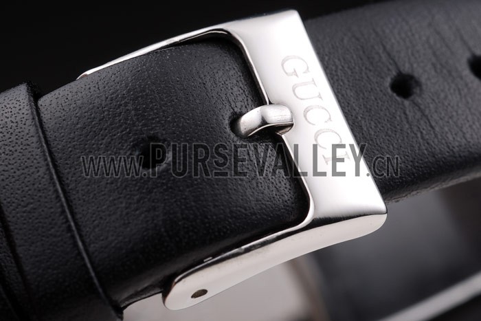 Gucci Large Polished Stainless Steel Bezel White Dial Black Leather Strap