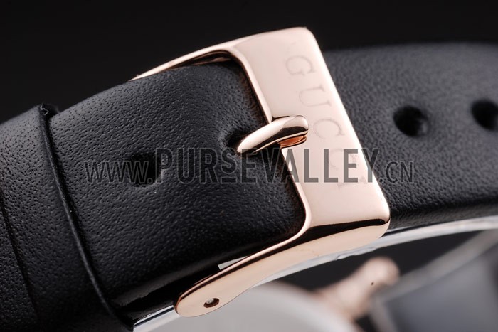 Gucci Polished Rose Gold Bezel Dark Green Dial Black Leather Strap