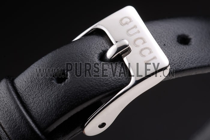 Gucci Small Polished Stainless Steel Bezel White Dial Black Leather Strap