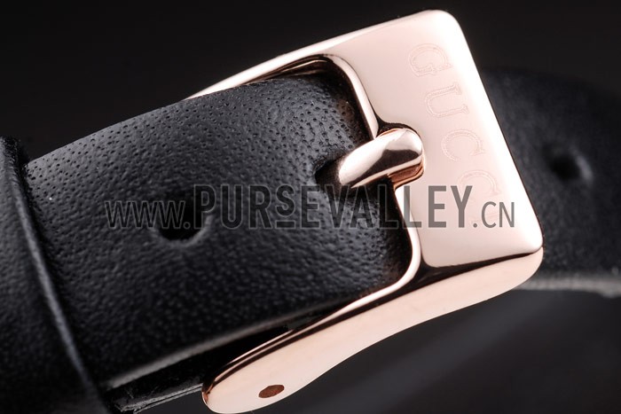 Gucci Polished Rose Gold Bezel Black Dial Black Leather Strap
