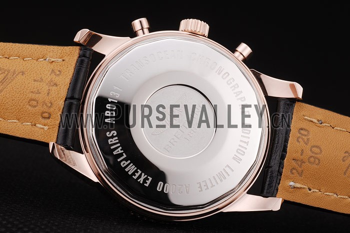 Breitling Transocean White Dial Black Leather Strap Rose Gold Bezel 98206