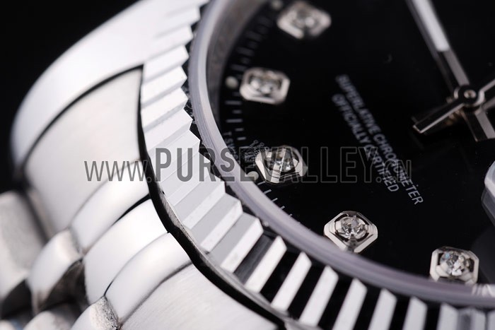 Rolex Datejust Black Dial Diamonds Ribbed Bezel 7458