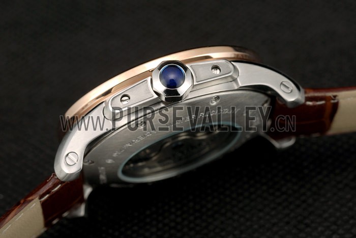 Cartier Calibre White Dial Diamonds Two Tone Case Brown Leather Bracelet