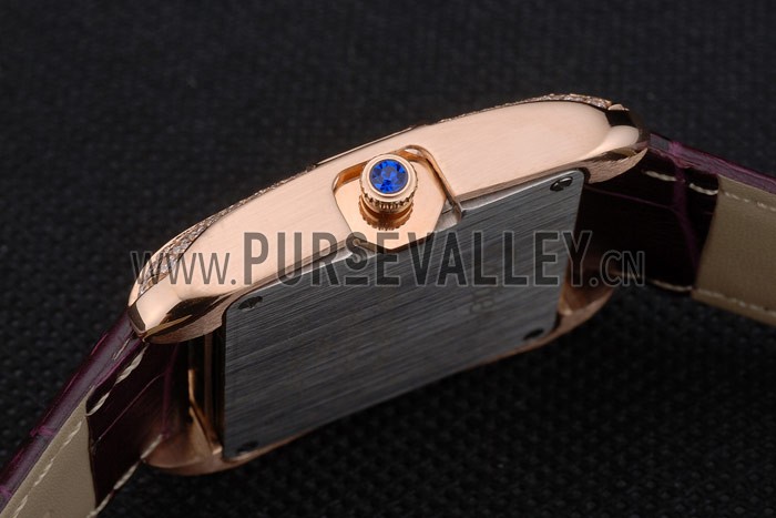 Cartier Tank Anglaise White Dragon Dial Diamonds Gold Case Purple Leather Bracelet