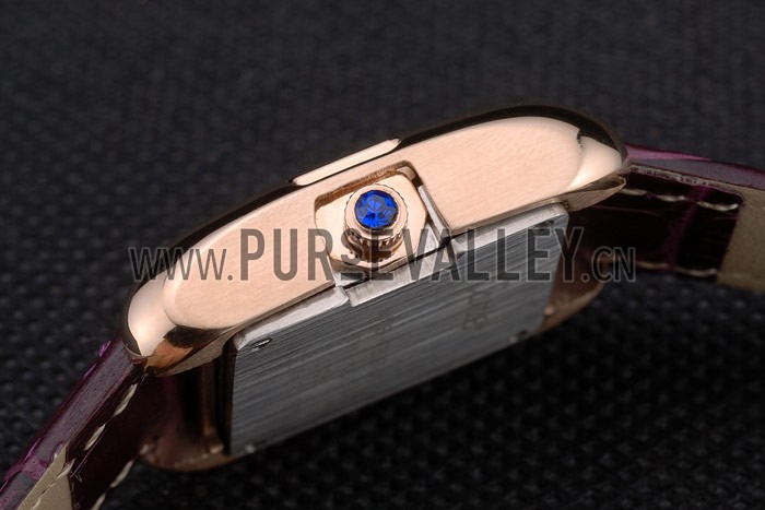 Cartier Tank Anglaise White Tiger Dial Gold Case Purple Leather Bracelet