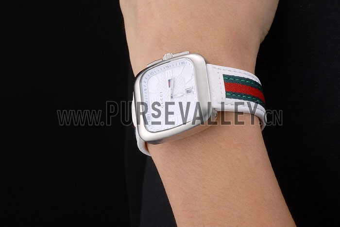 Gucci White Leather Strap Polished Stainless Steel Bezel White Dial 80218