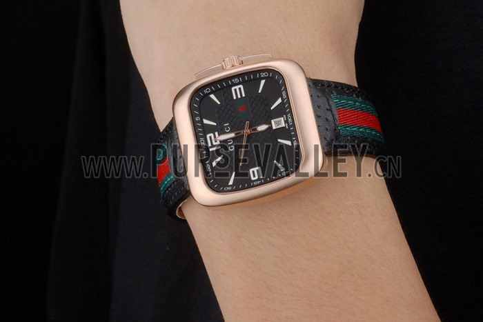 Gucci Black Leather Strap Rose Gold Bezel Black Dial 80222
