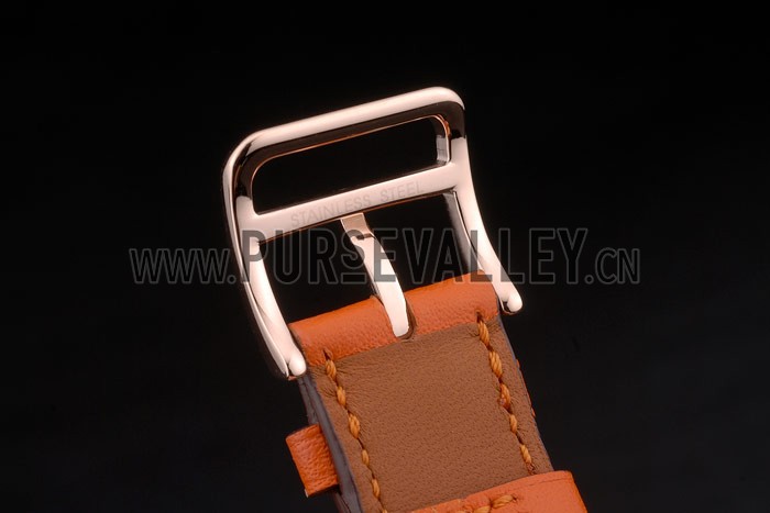Hermes Heure H Rose Gold Bezel Orange Leather Strap White Dial 80234