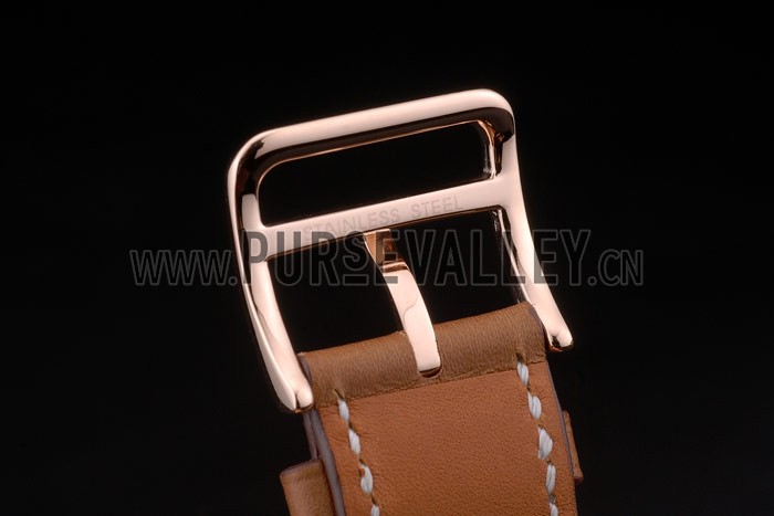 Hermes Heure H Rose Gold Diamond Encrusted Bezel Tan Leather Strap White Dial 80236
