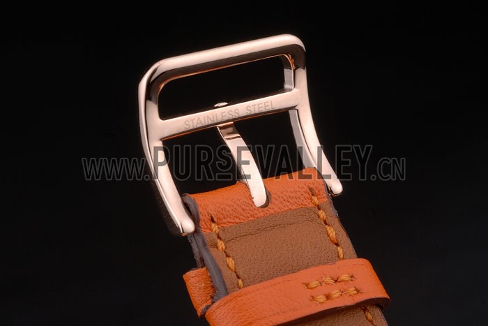 Hermes Heure H Rose Gold Diamond Encrusted Bezel Orange Leather Strap White Dial 80237