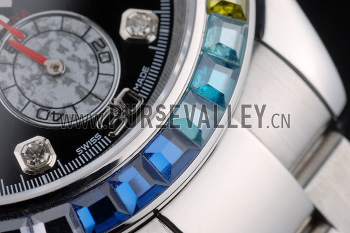 Rolex Daytona Cosmograph Rainbow Crystals Bezel Stainless Steep Strap Black Dial 80250