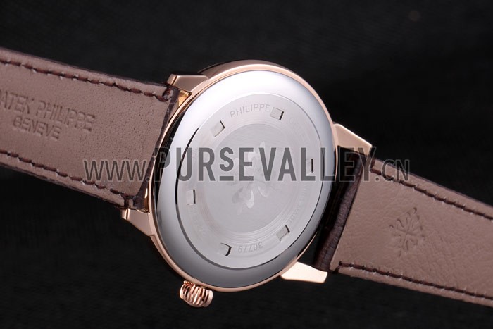 Patek Philipe Calatrava Roze Gold Polished Bezel Brown Leather Bracelet 801430