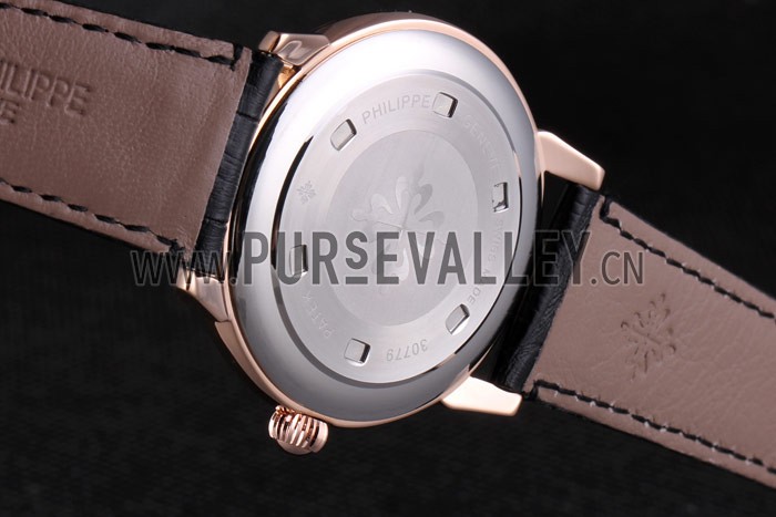 Patek Philipe Calatrava Roze Gold Polished Bezel Black Leather Bracelet 801432