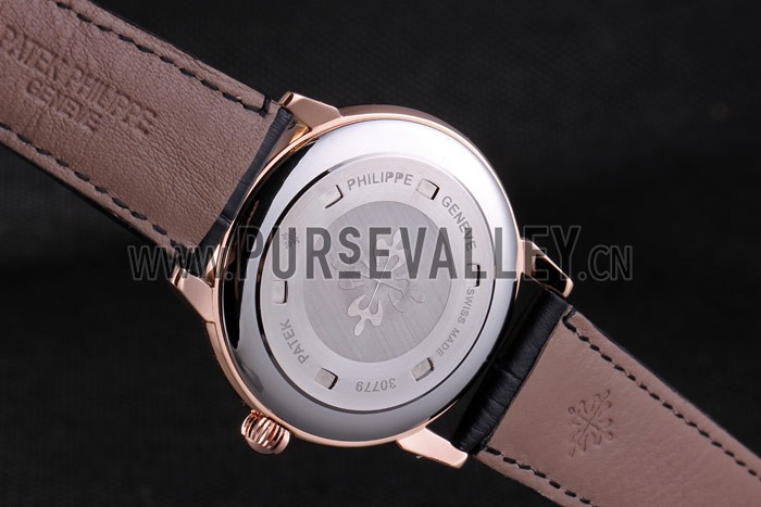 Patek Philipe Calatrava Roze Gold Polished Bezel Black Leather Bracelet 801435