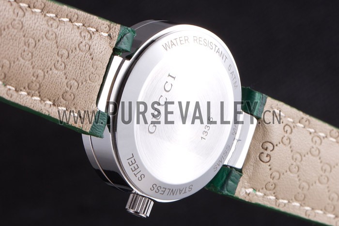Gucci Interlocking Silver Bezel with Diamonds and Green Leather Band 621515