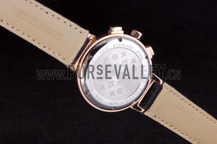 Louis Vuitton Tambour Black Leather Bracelet White Dial 801418