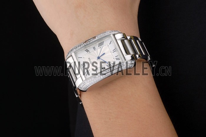 Cartier Tank Anglaise 30mm White Dial Diamonds Steel Case Stainless Steel Bracelet