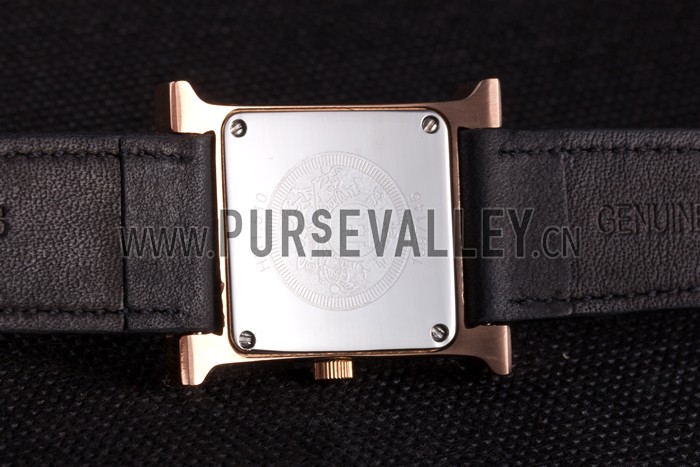Hermes Heure H Rose Gold Bezel Black Leather Strap White Dial 80235