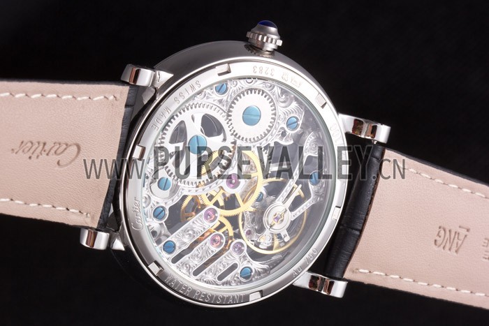 Cartier Luxury Skeleton Watch with Silver Bezel and Black Leather Band 621559