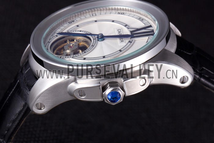 Cartier Calibre Flying Tourbillon White Dial Stainless Steel Case Black Leather Bracelet