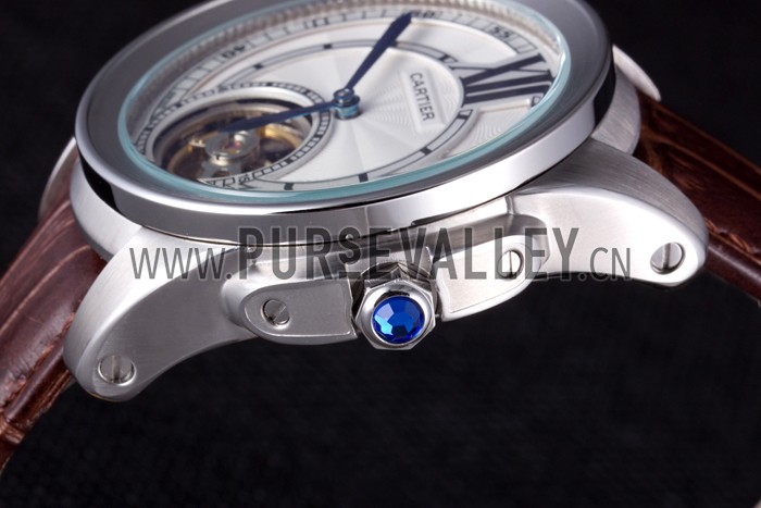 Cartier Calibre Flying Tourbillon White Dial Stainless Steel Case Brown Leather Bracelet