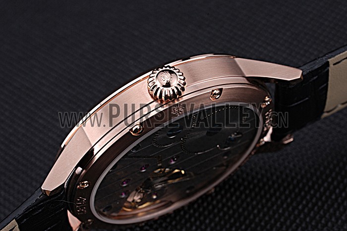 Patek Philippe Geneve Two Dial Black Dial Rose Gold Bezel Black Leather Band 622146