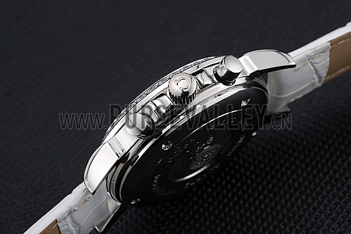 Omega De Ville Chronograph White Dial Stainless Steel Diamond Case White Leather Bracelet 622453