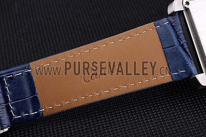 Cartier Tank MC Blue Dial Stainless Steel Case Blue Leather Bracelet 622691