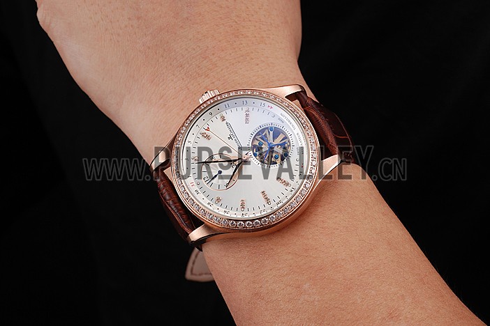 Jaeger-LeCoultre Master Tourbillon Dualtime White Dial Gold Case With Diamonds Brown Leather Strap 622782