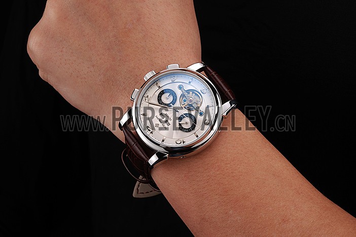 Patek Philippe Classic Tourbillon Power Reserve Black And White Dial Stainless Steel Case Brown Leather Strap